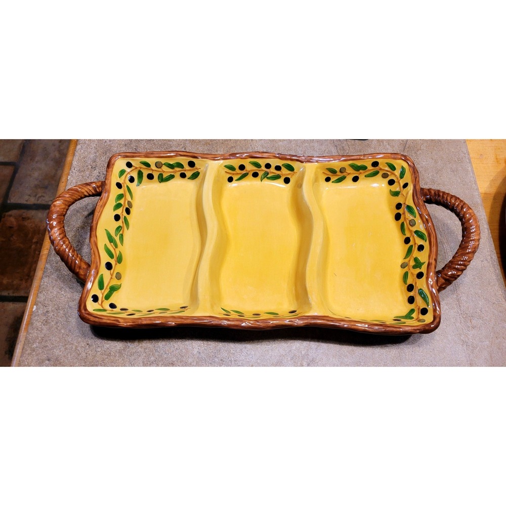 Pacific Rim Handpainted Yellow Olive Branch Divided Serving Platter Tray